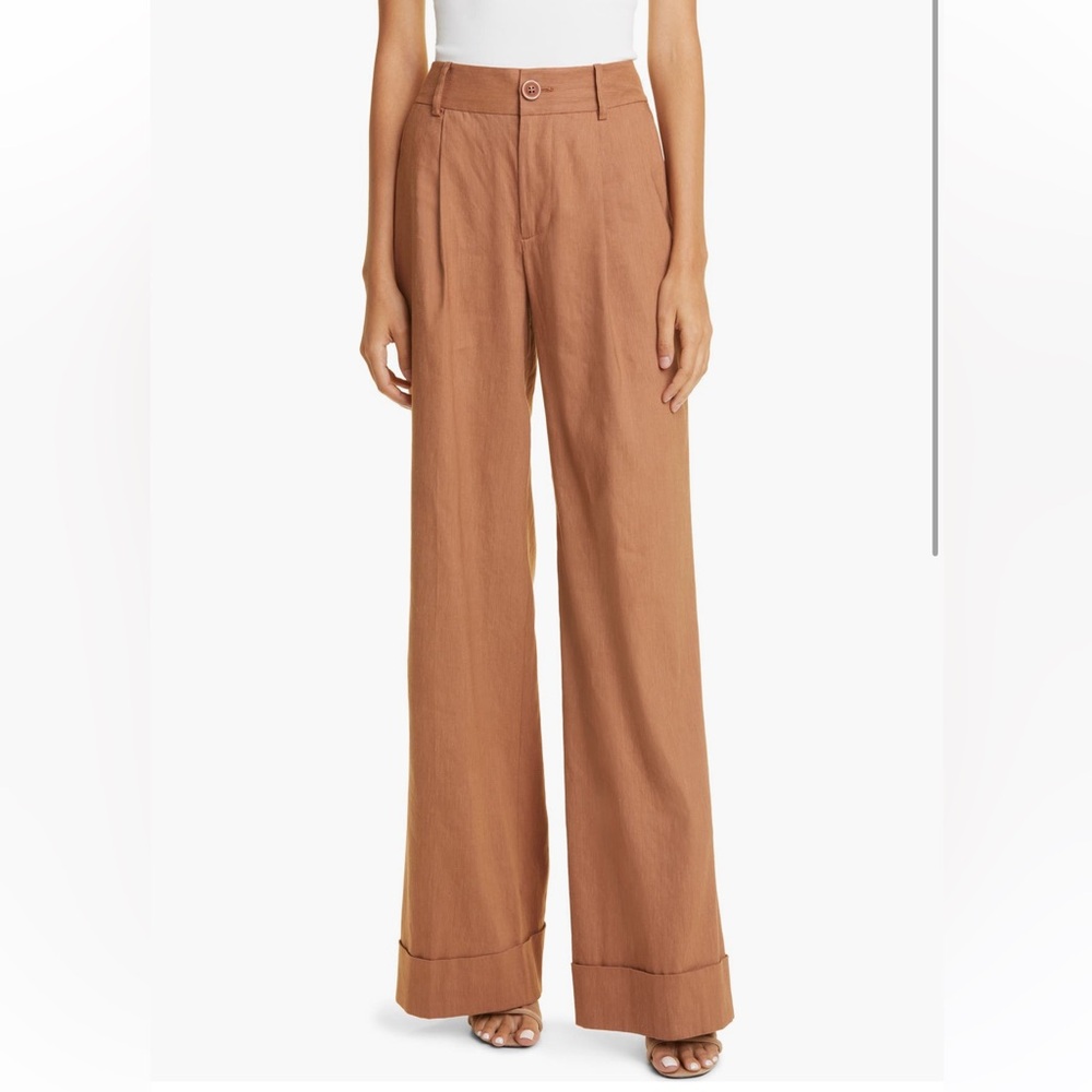 Alice + Olivia Tan Camel Cuff Linen Blend Wide Leg Pants Size 0 NWT